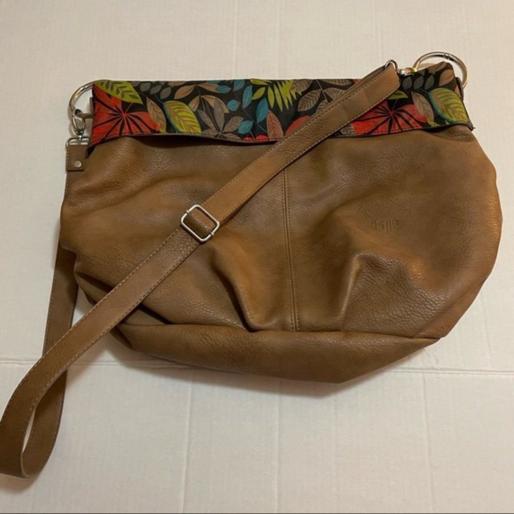 Vegan Leather Large Crossbody Satchel, Hobo Bag, Botanical Interior